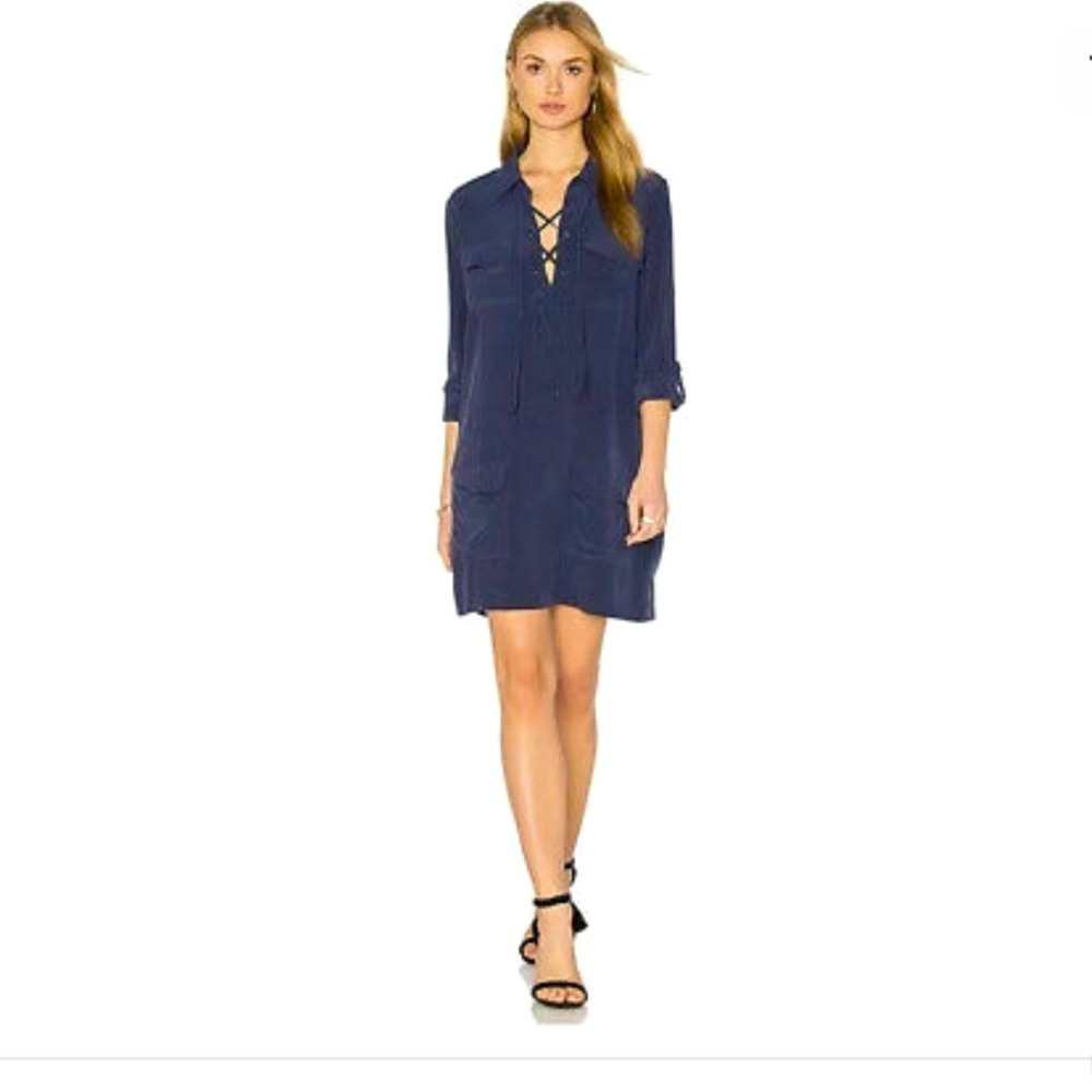 EUC EQUIPMENT Knox Long Sleeve Button Up Dress Navy Blue w Pockets 100% silk - Picture 1 of 9